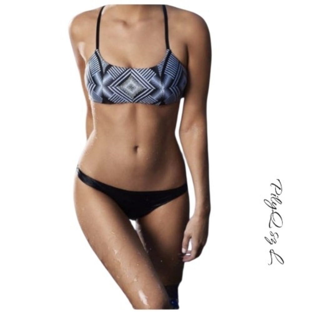 PQ Swim PilyQ Lila Geometric Diamond Embroidered Bikini Top Black Bottom L NWT